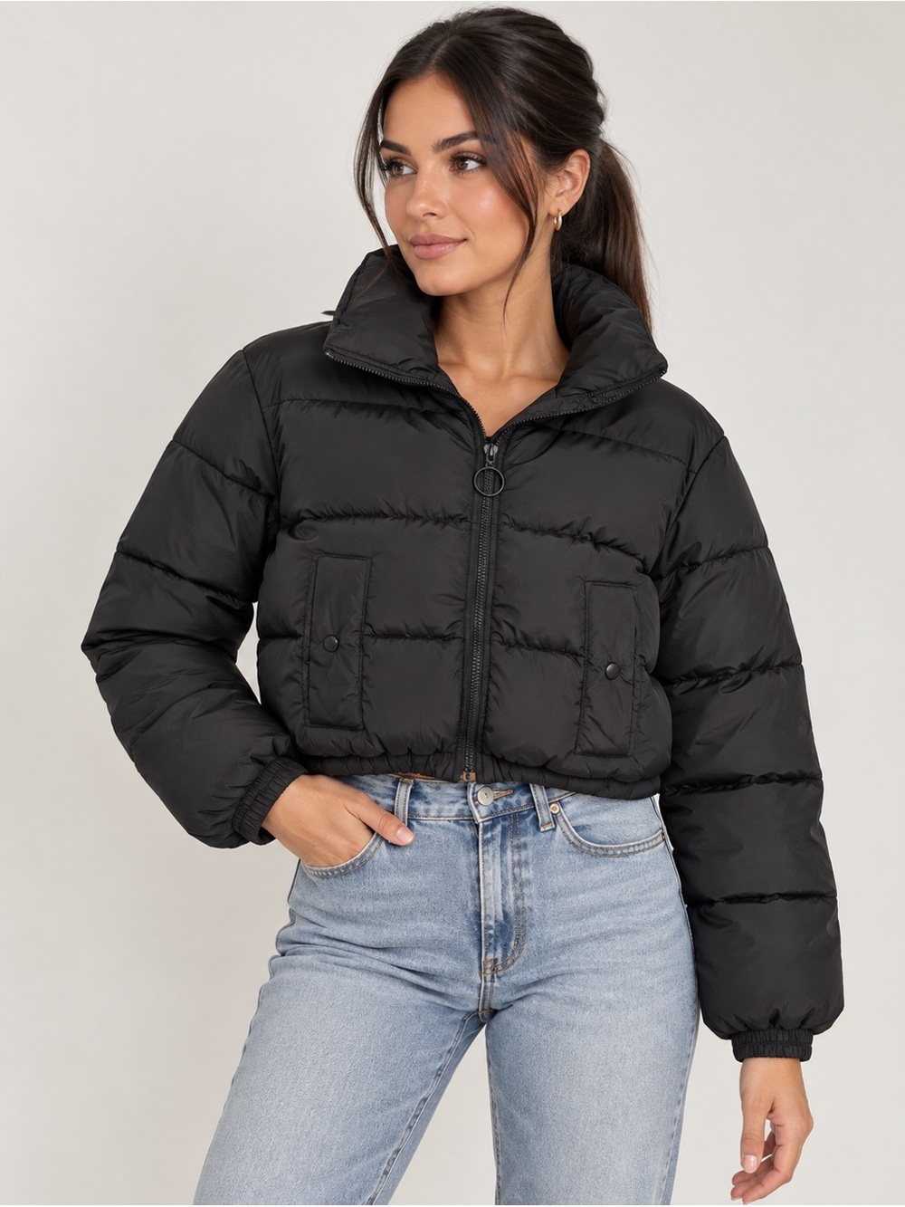 Garage Crop Puffer Jacket Black Cropped Size XS